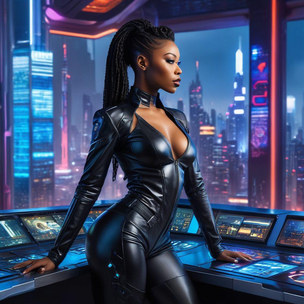 An elegant and commanding Ebony Domme dressed in sophisticated leather attire, standing confidently in front of a digital control panel with a futuristic cityscape in the background. The environment should blend elements of a webmaster's command center with a subtle, tasteful nod to BDSM culture. The colors should be bold and captivating, emphasizing authority and mastery. cyberpunk. vibrant colors.