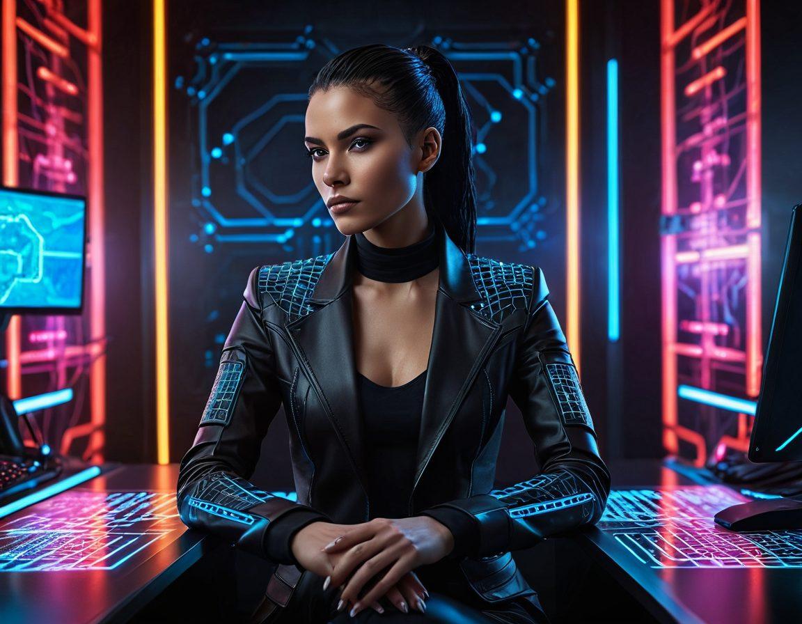 A mysterious and sophisticated woman dressed in elegant black leather, exuding dominance and control, sits confidently at a dark, futuristic computer setup. The backdrop features shadowy, complex network grids symbolizing the dark web, intertwined with faint neon lights representing online mastery. Her intense gaze and poised demeanor command respect and awe. cyberpunk. super-realistic. vibrant colors.