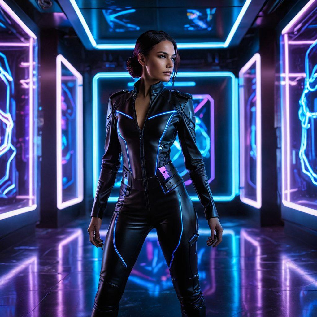 A futuristic, dimly-lit room with neon blue and purple lights reflecting off sleek, metallic surfaces. In the foreground, a confident, elegant woman in black leather attire manipulates a glowing holographic interface, controlling various devices connected to a digital network. The room is both sensually inviting and technologically advanced, showcasing a blend of erotic mystique and cyber dominance. cyberpunk. vibrant colors. dark and moody atmosphere.